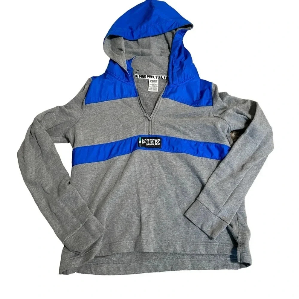 Victoria's Secret Women's Long Sleeve Gray Blue Hoodie 1/4 Zip Size Large
